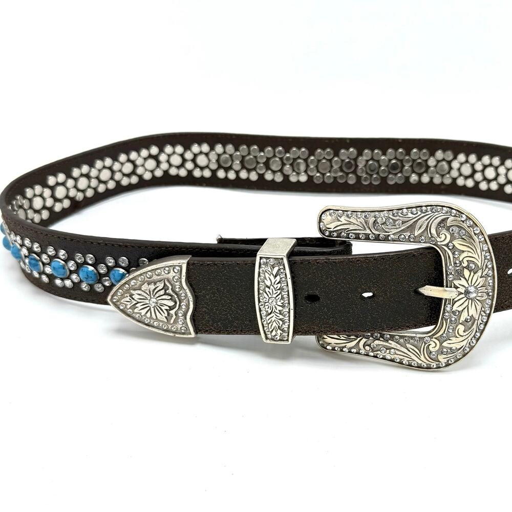 Nocona Turquoise Rhinestone Studded Leather Western Belt M 34 Oversized Buckle